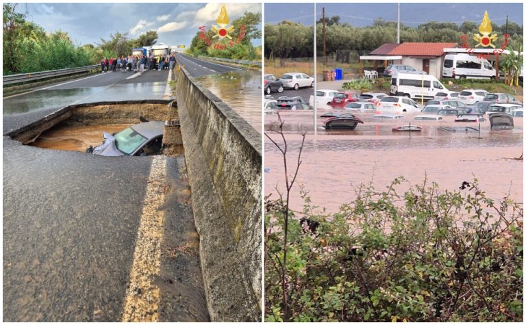 Maltempo, cede l’asfalto sulla statale 280 e  inghiotte auto. ‘Due Mari’ allagato – VIDEO e FOTO