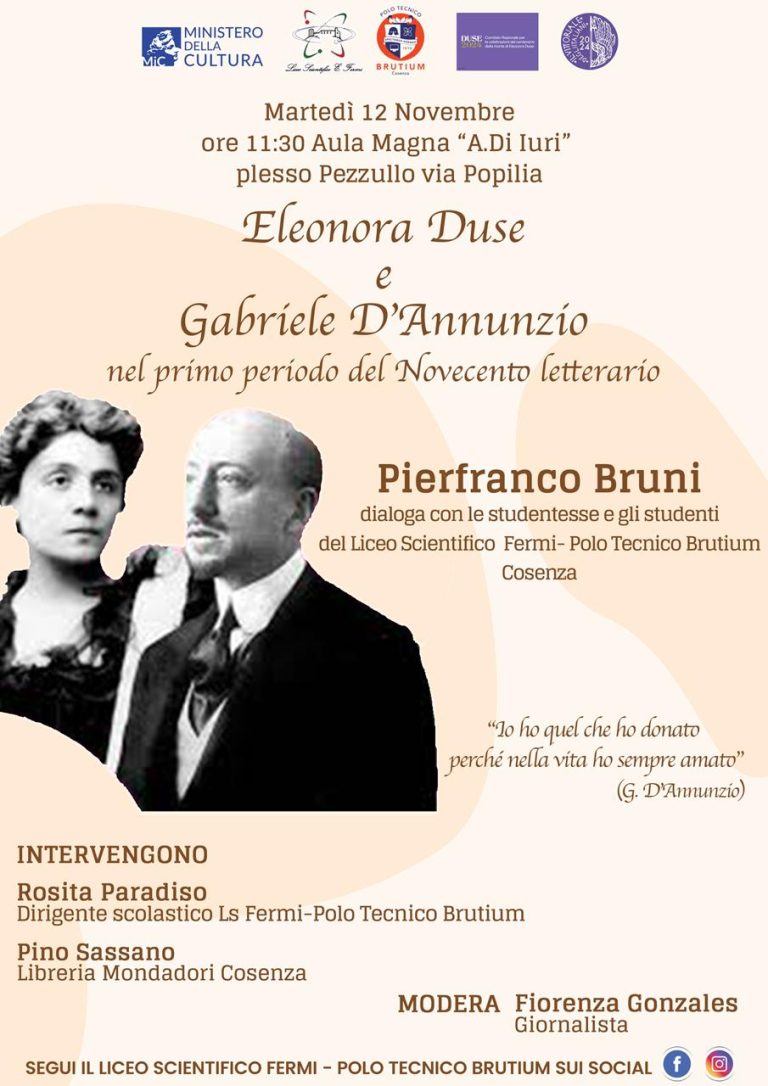 ‘Eleonora Duse e Gabriele D’Annunzio’, Pierfranco Bruni dialoga con gli studenti del liceo Fermi di Cosenza